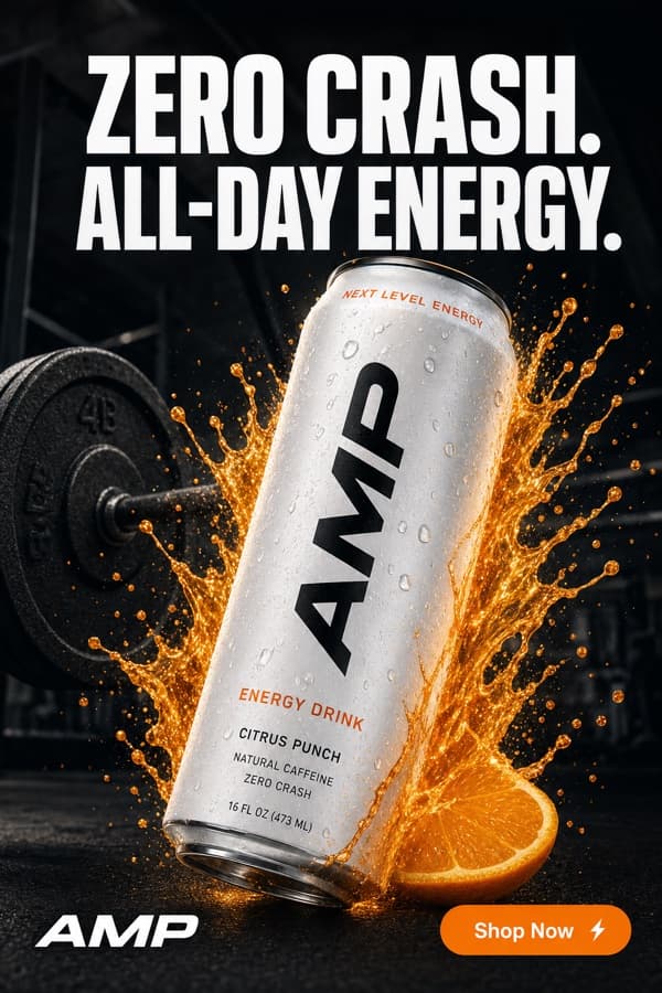 AMP Instagram ad: white can with citrus splash — Zero crash. All-day energy.
